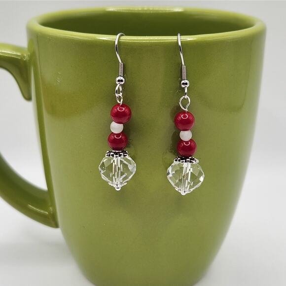 Handmade Earrings with Crystal, Red Coral, and Moonstone – 2" Dangle - Picture 8 of 10
